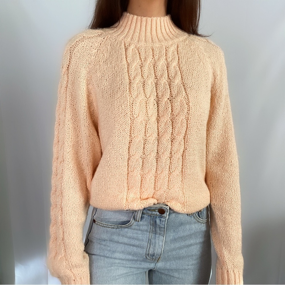 Vintage 80s peach pink knit turtleneck mock neck sweater long sleeve Mervyns TJW